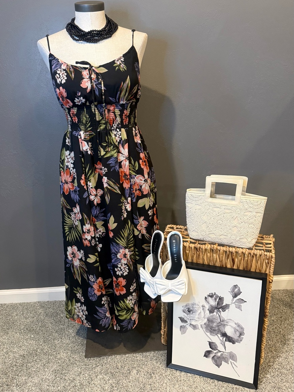 Patrons of Peace Black Floral Smocked Maxi Dress with Pink & Green Print